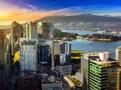 city view with buildings and river 