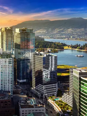 city view with buildings and river 